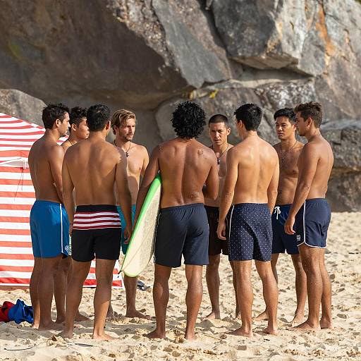 Beach Scene with Shirtless Men and Surfboards