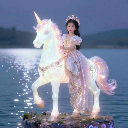 Photograph of an Asian girl with long black hair, wearing a pink crown and white dress, standing beside a glowing white unicorn on a small island at