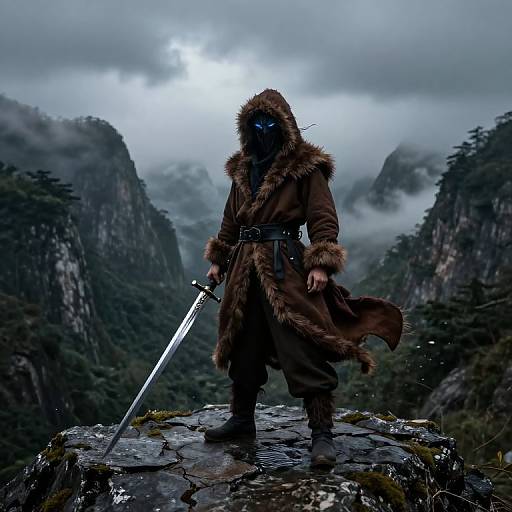 Mystical Warrior on Foggy Cliffside