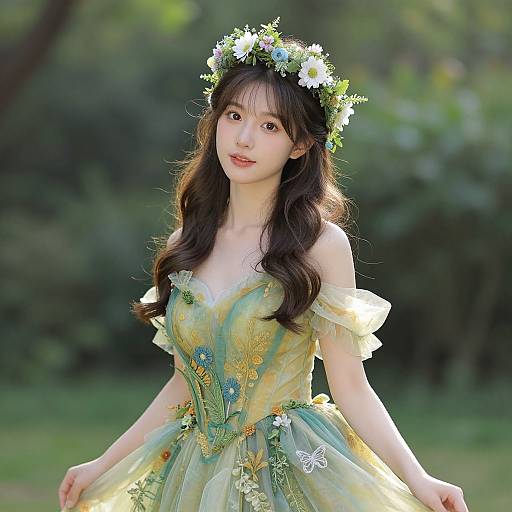Photograph of an Asian woman with long brown hair, wearing a green, floral-embellished dress and a flower crown, standing in a sun