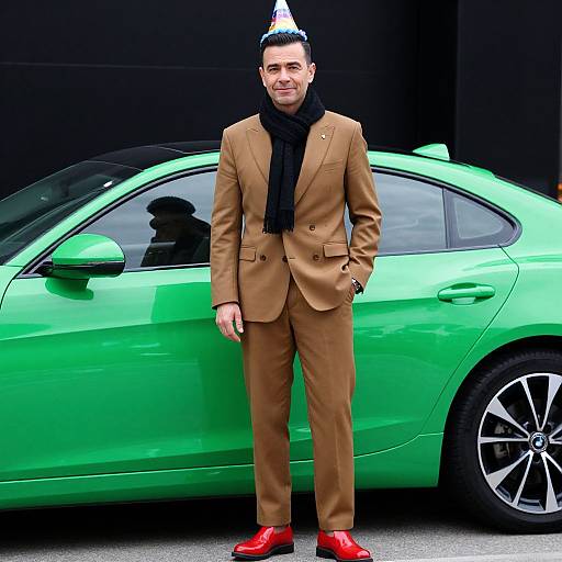 Photograph of a man in a tan suit, black scarf, and red shoes, wearing a party hat, standing in front of a green car.