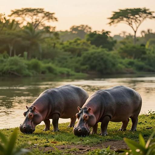 Photograph of two large, grey hippopotamuses grazing on a grassy riverbank at sunset, with a tranquil, reflective water body and lush