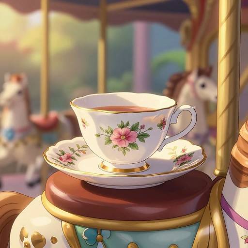 Photograph of a floral-patterned teacup and saucer on a ornate carousel horse, with colorful, blurred carousel horses and sunlight in the