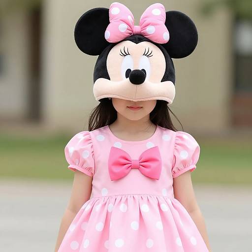 Photograph of an Asian girl wearing a pink Minnie Mouse costume with a bow, mask, and dress, standing outdoors.