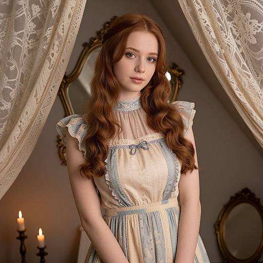 Photograph of a young woman with long, wavy auburn hair, wearing a vintage, light blue and cream lace dress, standing in a