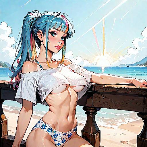 Anime Style Woman in Bikini on Beach Balcony