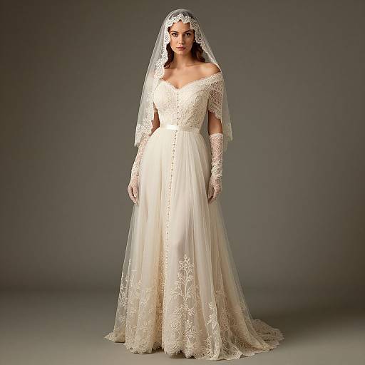 Photograph of a bride in a white, lace-off-the-shoulder wedding gown with long veil, gloves, and floral embroidery, standing against a