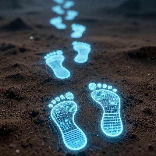 Glowing blue neon footprints on dark sand, illuminated from below, creating a futuristic, ethereal trail effect in a photograph.