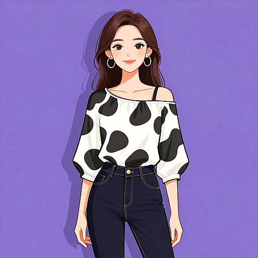 Digital illustration of a smiling Asian woman with long brown hair, wearing a black and white cow-print off-shoulder top and dark high-waisted