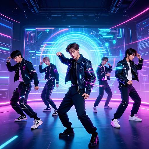 Photograph of five Asian male dancers in black jackets and pants, white sneakers, performing in front of a neon blue and pink circular light background on a
