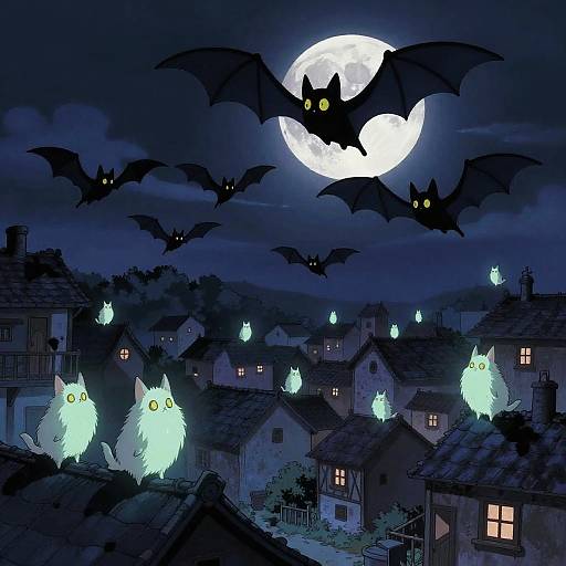 Moonlight Bats Coven Over Village