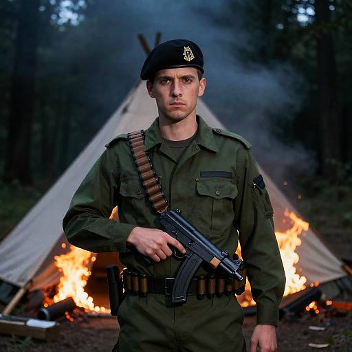 Intense Soldier in Smoky Night Forest