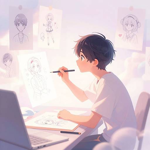 Anime-style digital illustration of a young boy with black hair, wearing a white shirt, drawing with a pencil at a desk. Background features faint, sketch