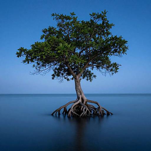 Photograph of a solitary mangrove tree with green leaves and exposed roots, standing in calm, blue ocean water under a clear, bright blue sky.