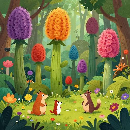 Vibrant digital illustration of a whimsical forest with colorful, spiky flowers, three squirrels, and lush greenery, surrounded by bright,