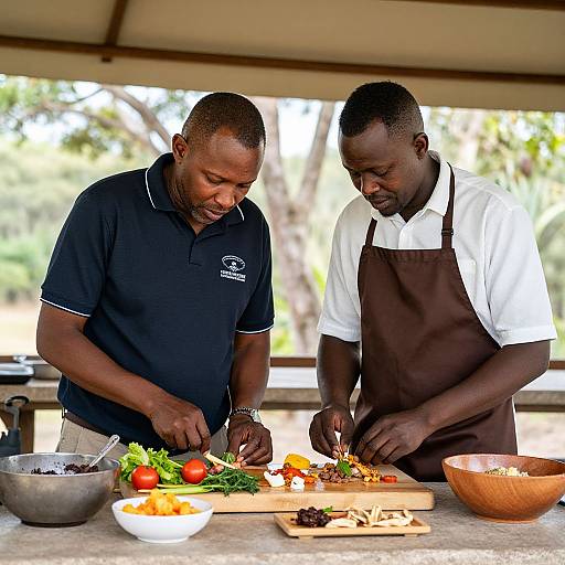 Two Black men cooking together outdoors, one in black polo, one in white shirt with brown apron, chopping colorful vegetables on a marble counter. Bright