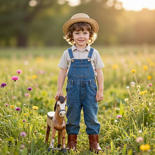 Photograph of a smiling young boy in blue overalls, white shirt, straw hat, and brown boots, standing in a sunlit meadow with