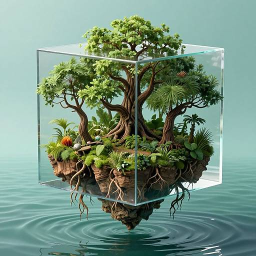CGI image of a floating, root-anchored, multi-tree island with diverse greenery inside a transparent cube, set on calm water.