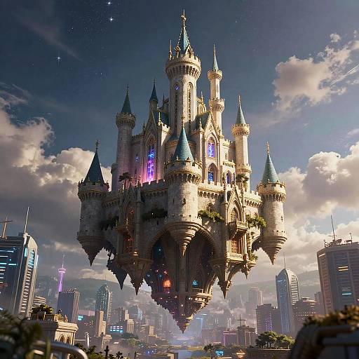 Floating AI Castle Over Futuristic City