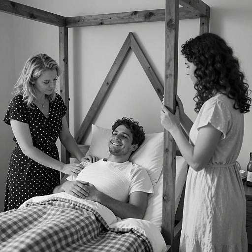 Man Recovering in Bed with Two Caring Women