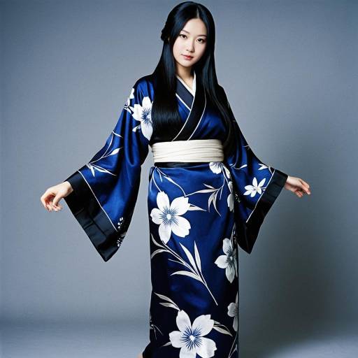 Woman in Traditional Dark Blue Silk Kimono