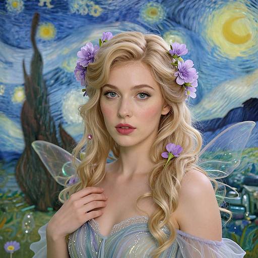 Digital artwork of a blonde fairy girl with lavender flowers in her hair, delicate wings, wearing a shimmering off-shoulder dress, set against a