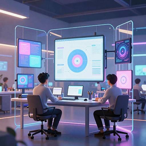 Photograph of two men in white shirts working at a modern, neon-lit desk setup with multiple monitors displaying circular interfaces.
