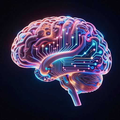Digital CGI of a neon-lit human brain with glowing blue, pink, and orange circuits against a black background.