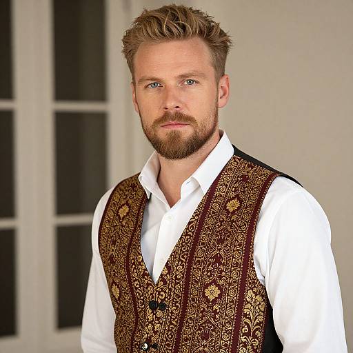 Blonde Bearded Man in Patterned Vest