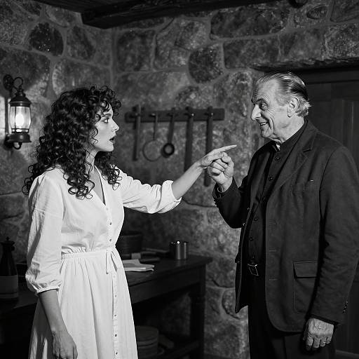 Black and white tense confrontation in stone room