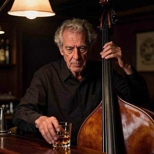 Photograph of an elderly white man with gray hair, wearing a black shirt, playing a wooden double bass in a dimly lit bar, holding a