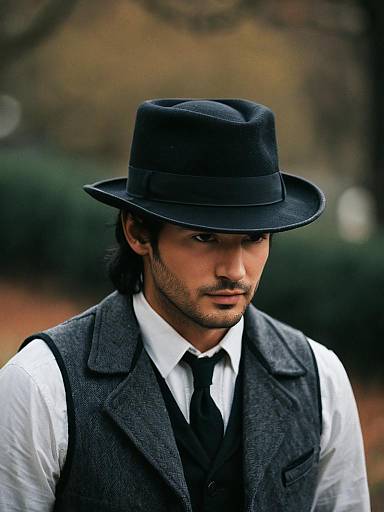 Photograph of a serious, dark-haired man with light skin wearing a black fedora, white shirt, black tie, and gray vest, set against