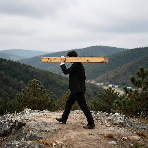 Man in Suit Carrying Wooden Plank on Rocky Hilltop