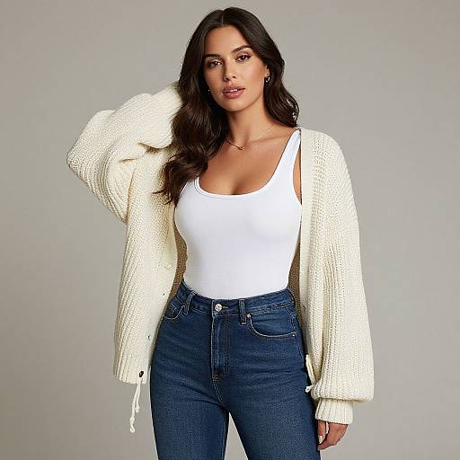 Photograph of a confident woman with long dark hair, wearing a white tank top, high-waisted blue jeans, and a chunky white knit