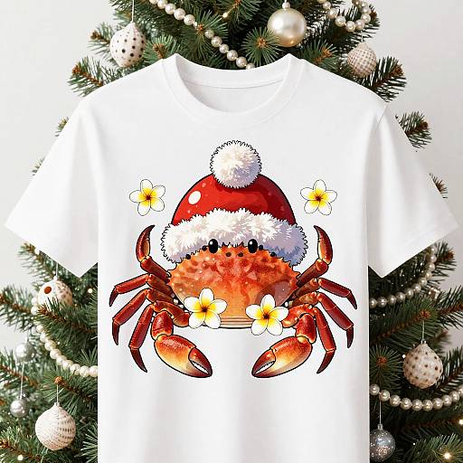White T-shirt with a colorful, cartoon-style red crab wearing a Santa hat, surrounded by yellow flowers, set against a Christmas tree background.