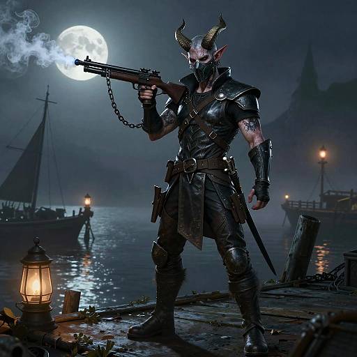 Midnight Norse-Masked Tiefling Bounty Hunter