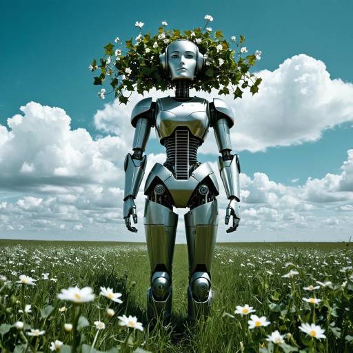 Surreal Copper Robot in Dreamlike Landscape