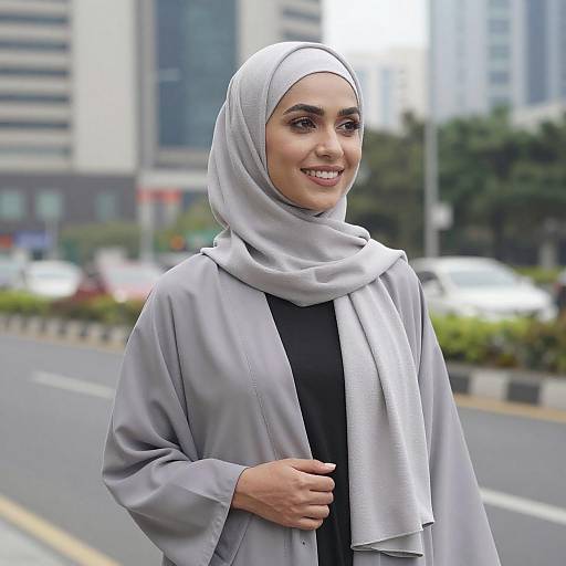Smiling Woman in Gray Hijab Outdoors