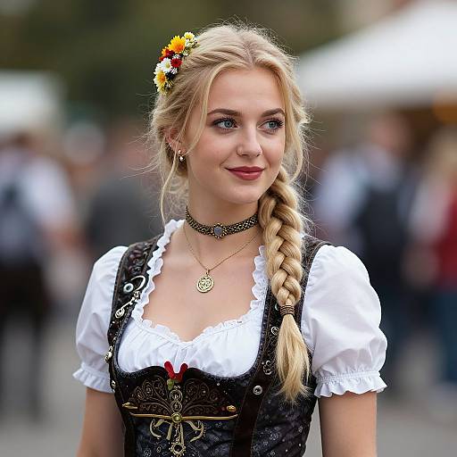 Photograph of a blonde woman with a braided ponytail, wearing a white blouse with puffed sleeves, black embroidered dirndl, flower hairpin