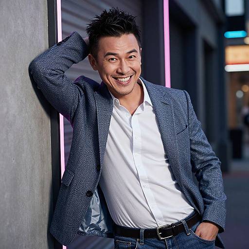 Photograph of smiling Asian man in blue houndstooth blazer, white shirt, jeans, leaning against concrete wall with neon lights.