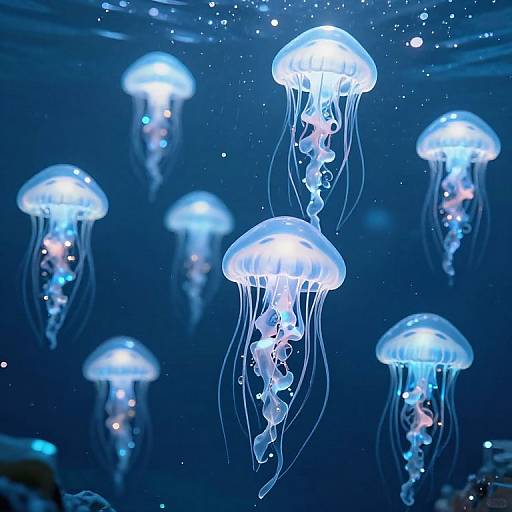 Photograph of glowing, translucent jellyfish with blue and white lights, floating gracefully in a dark, underwater-like blue aquarium.