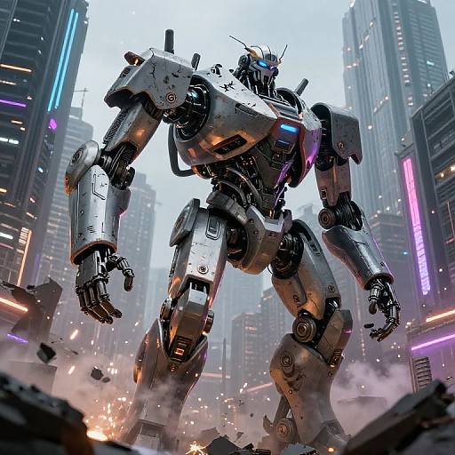 CGI image of a massive metallic robot standing amidst a futuristic cityscape, surrounded by debris and neon lights, with skyscrapers towering in the background