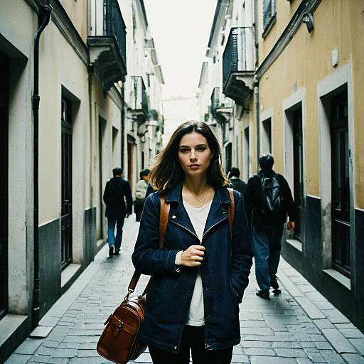 Photograph of a young woman with long brown hair, wearing a black jacket and carrying a brown leather bag, walking down a narrow, cobblestone