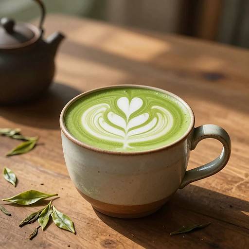 Photograph of a green tea latte with leaf-shaped foam in a rustic ceramic mug on a wooden table, with a teapot in the blurred background
