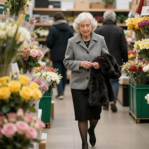 Elegant Woman in Vibrant Flower Shop