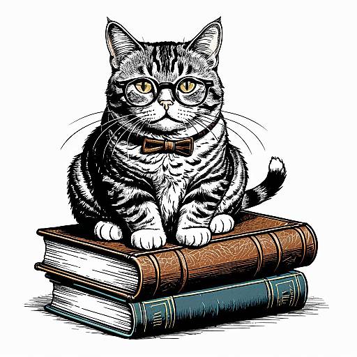 Cartoon Tabby Cat with Glasses on Vintage Books