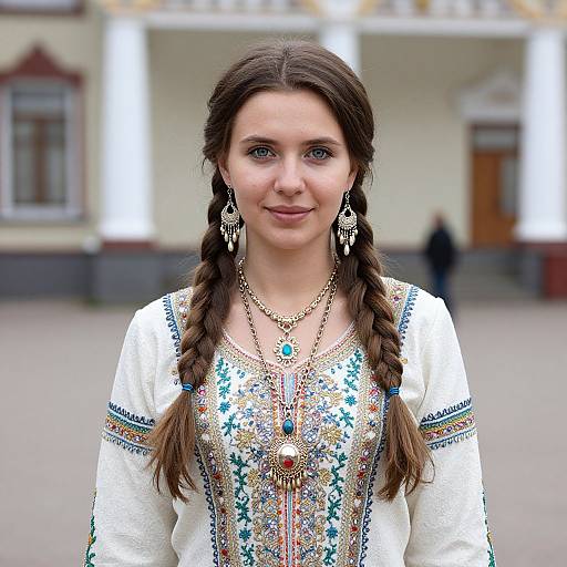 Photograph of a young woman with braided brown hair, wearing an ornate white embroidered blouse, intricate jewelry, and standing in front of a blurred