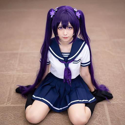 Digital artwork of a cute anime girl with long purple hair in twin tails, wearing a black and white sailor school uniform, kneeling on a brown tiled floor
