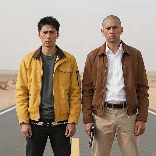 Two men on desert road with handcuffs and gun