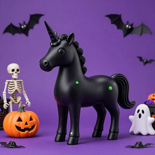 Photograph of a black, glossy unicorn toy with green accents, surrounded by Halloween-themed objects on a purple background: jack-o'-lantern, skeleton